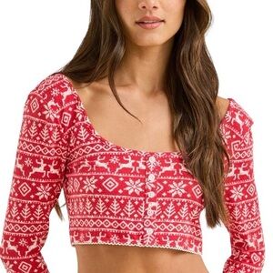 NWT Altar’d State Merry Fairisle Lounge Henley Crop Top Sz M - Red and White